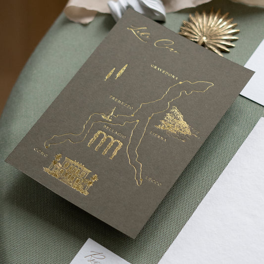 bespoke wedding map cards printed in gold foil on thick luxe ivory card