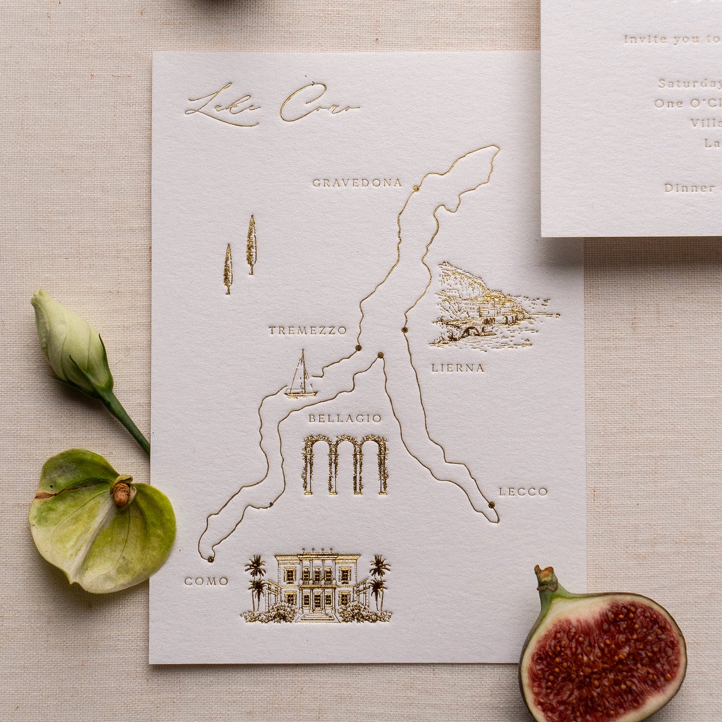 bespoke wedding map cards printed in gold foil on thick luxe ivory card