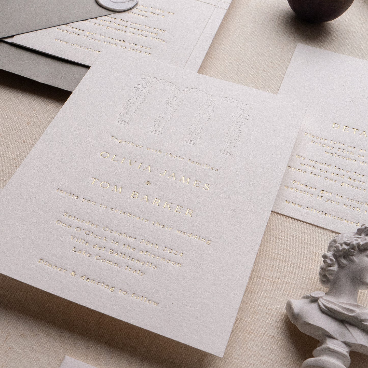 letterpress wedding venue illustration invitation with gold foil text on thick luxe ivory card