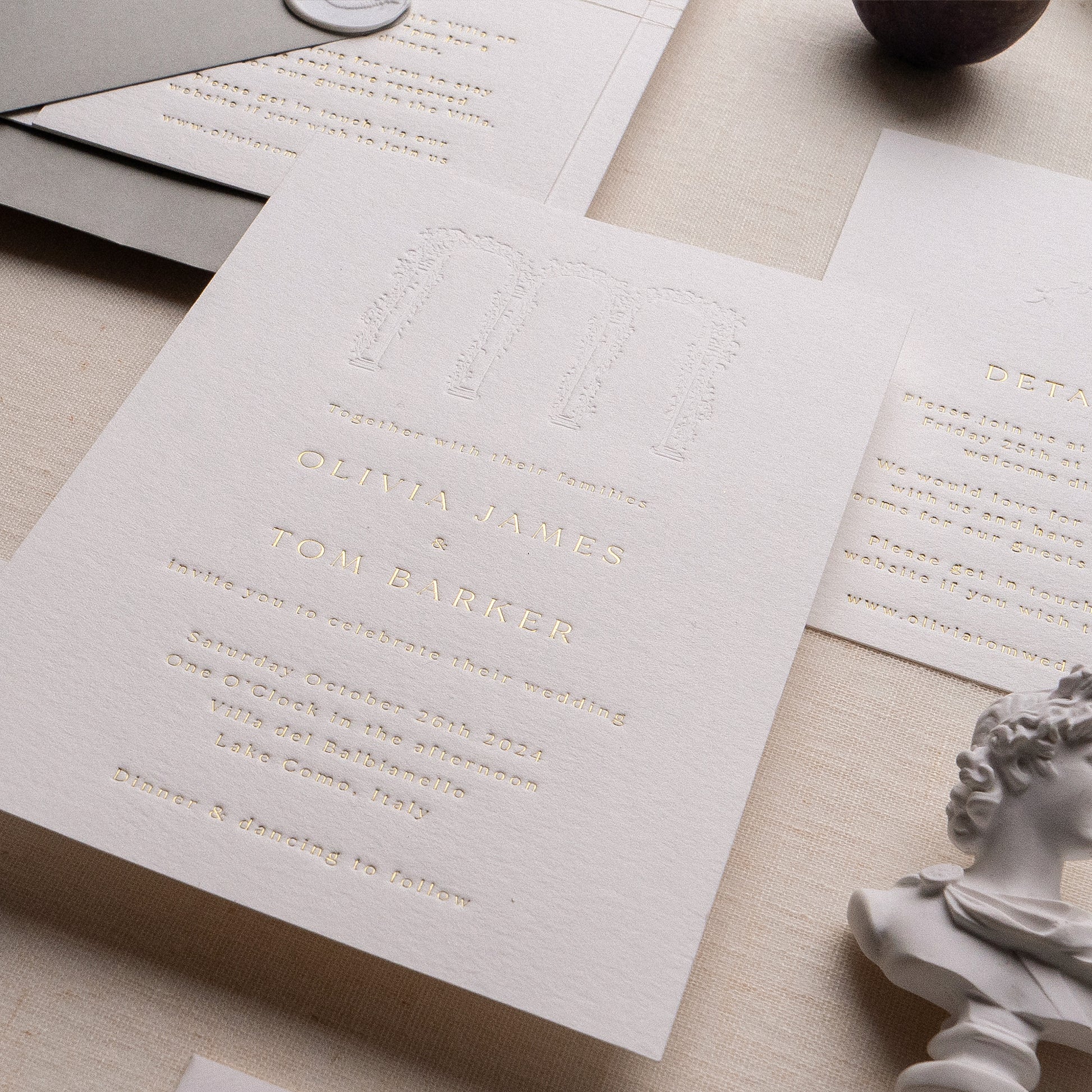 letterpress wedding venue illustration invitation with gold foil text on thick luxe ivory card