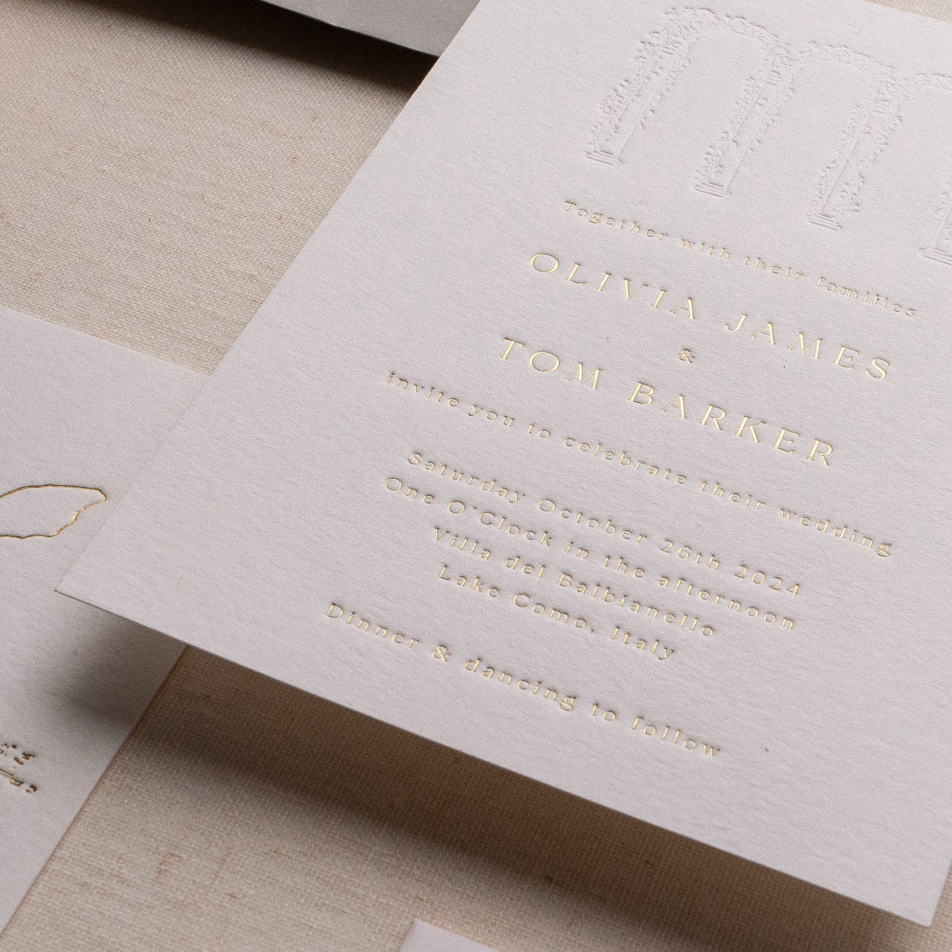 letterpress wedding venue illustration invitation with gold foil text on thick luxe ivory card