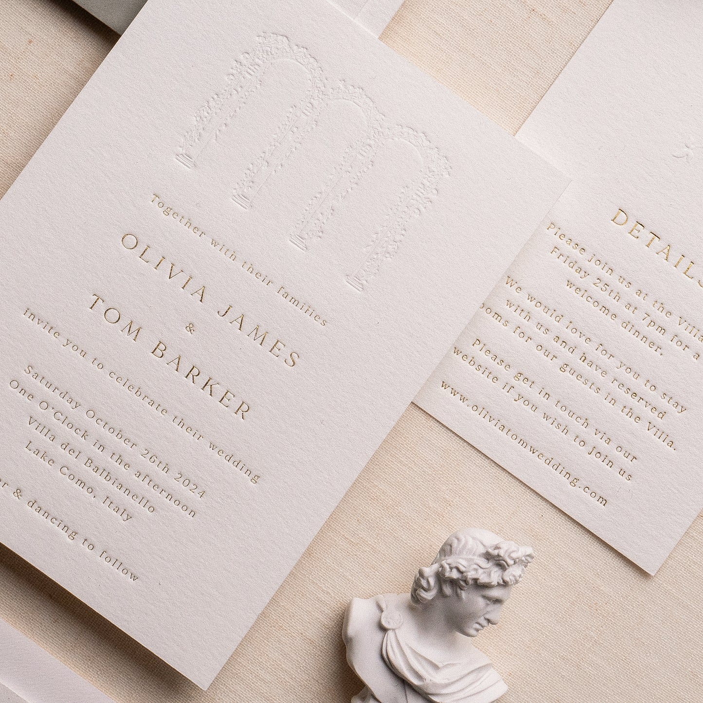letterpress wedding venue illustration invitation with gold foil text on thick luxe ivory card
