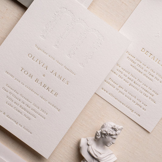 letterpress wedding venue illustration invitation with gold foil text on thick luxe ivory card