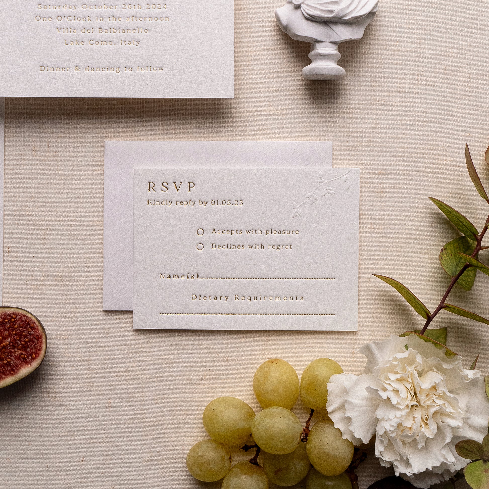 letterpress wedding venue illustration invitation with gold foil text on thick luxe ivory card