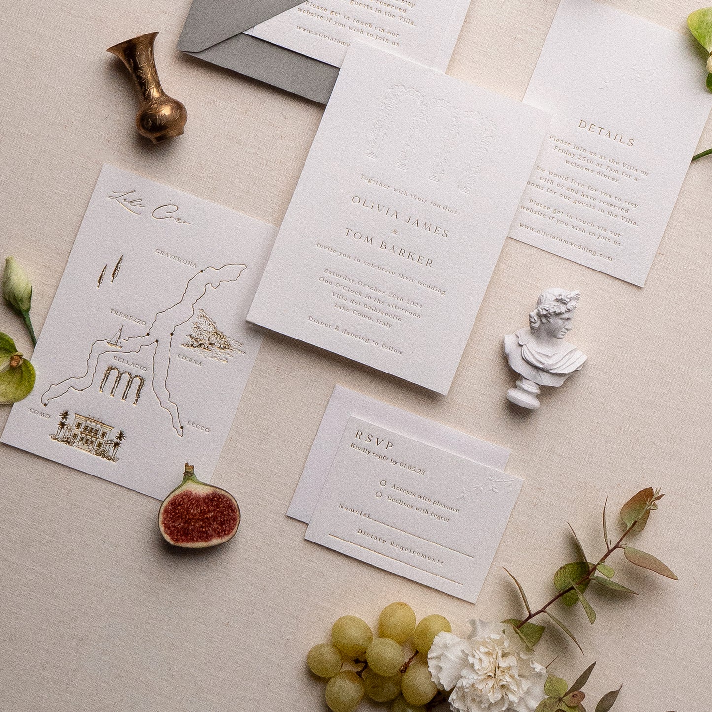 letterpress wedding venue illustration invitation with gold foil text on thick luxe ivory card