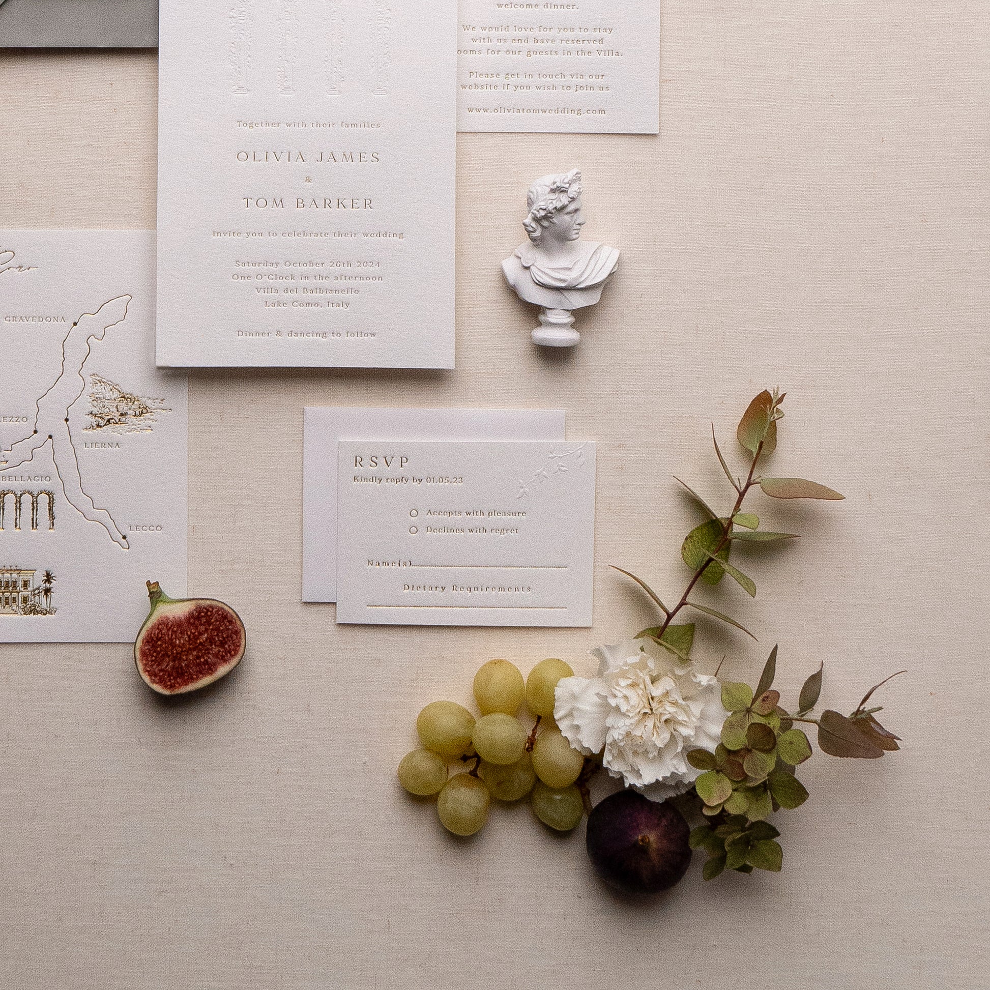 letterpress wedding venue illustration invitation with gold foil text on thick luxe ivory card