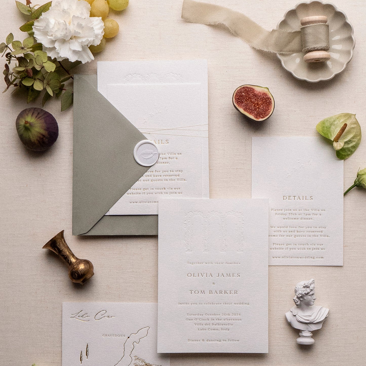 letterpress wedding venue illustration invitation with gold foil text on thick luxe ivory card