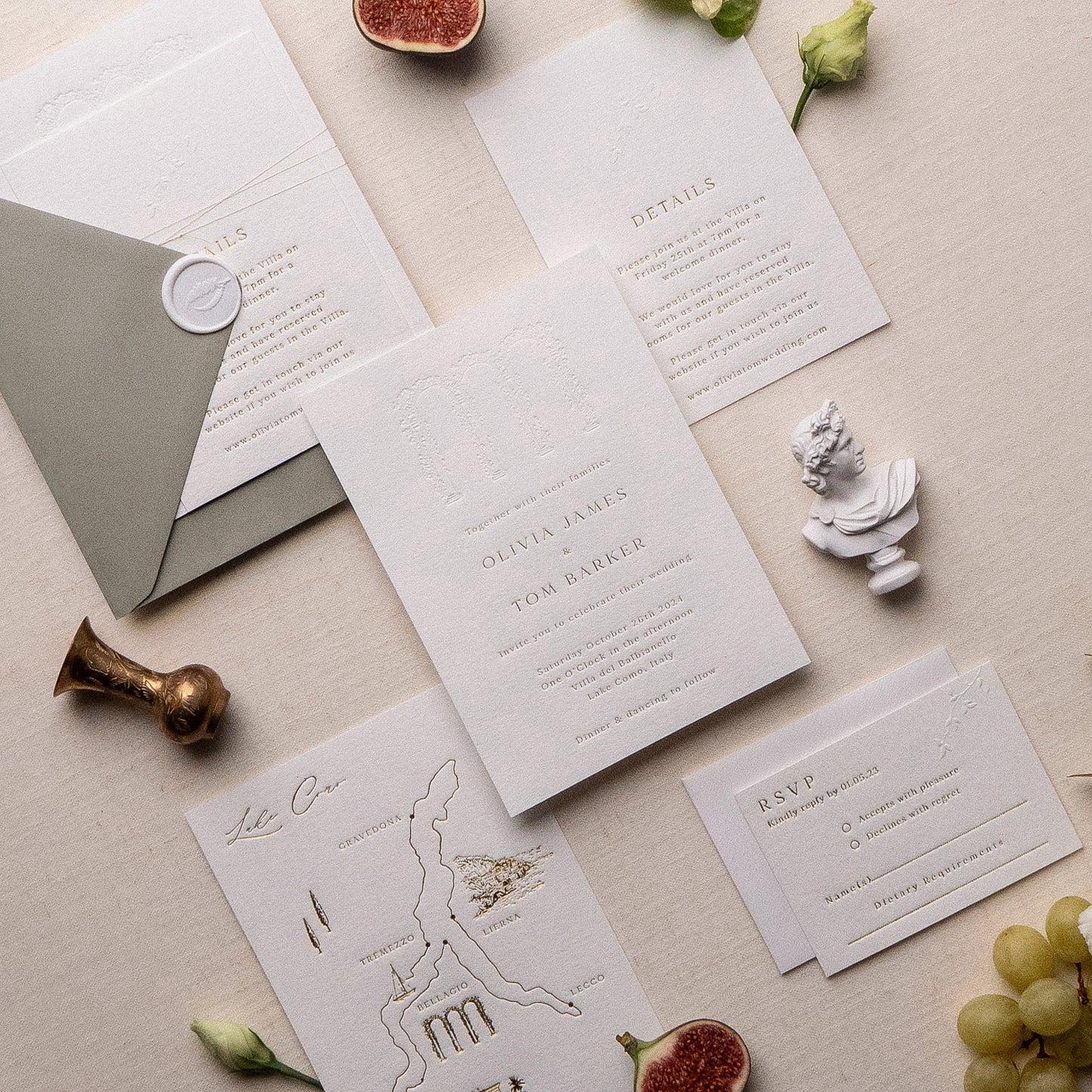 custom wedding venue illustration invitation suite with blind letterpress and gold foil on thick luxe ivory card