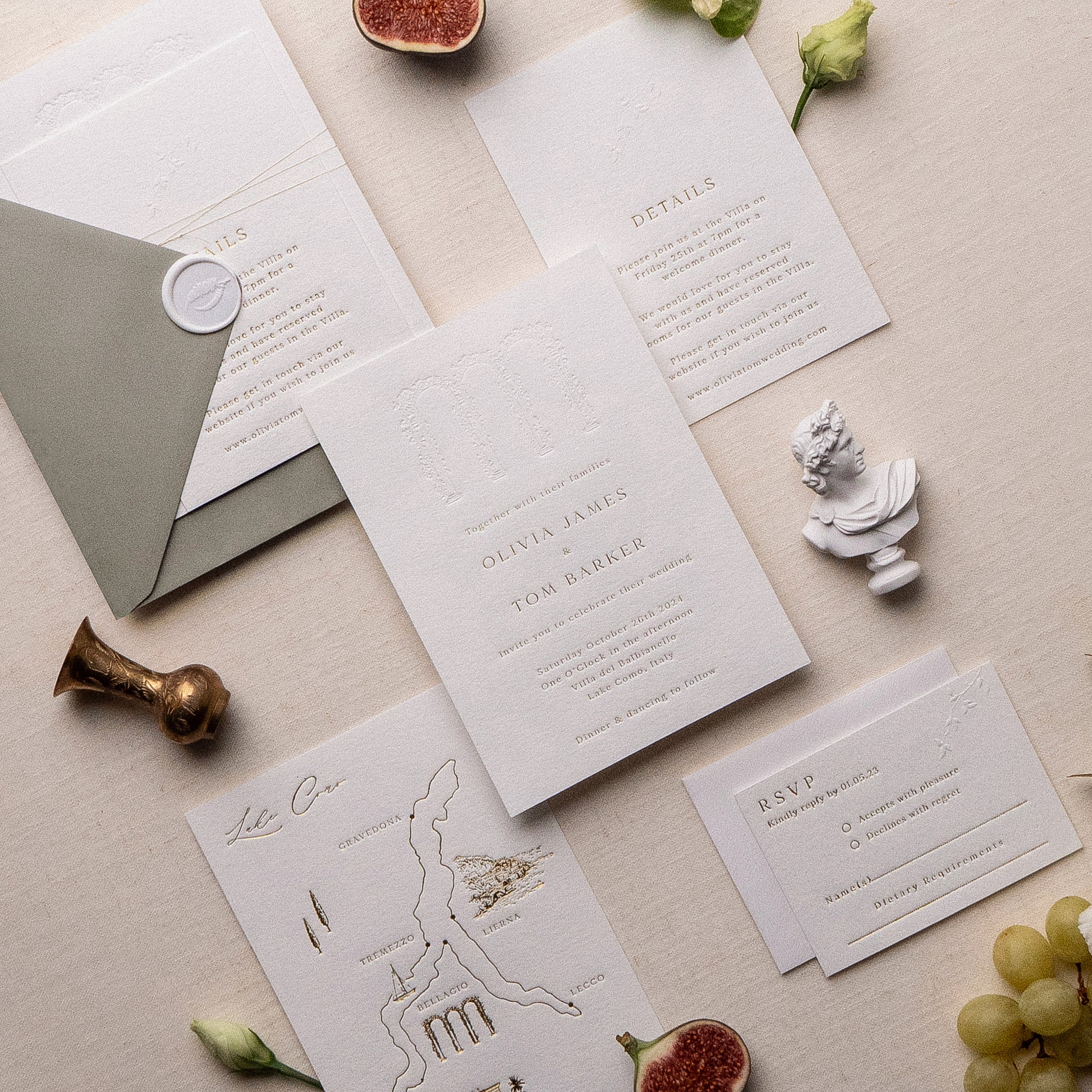 custom wedding venue illustration invitation suite with blind letterpress and gold foil on thick luxe ivory card