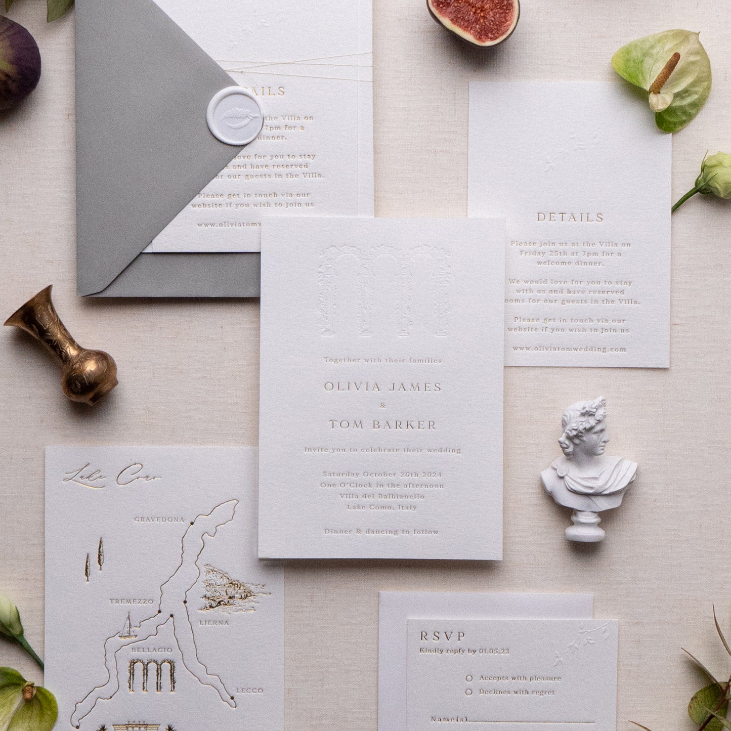 custom wedding venue illustration invitation suite with blind letterpress and gold foil on thick luxe ivory card