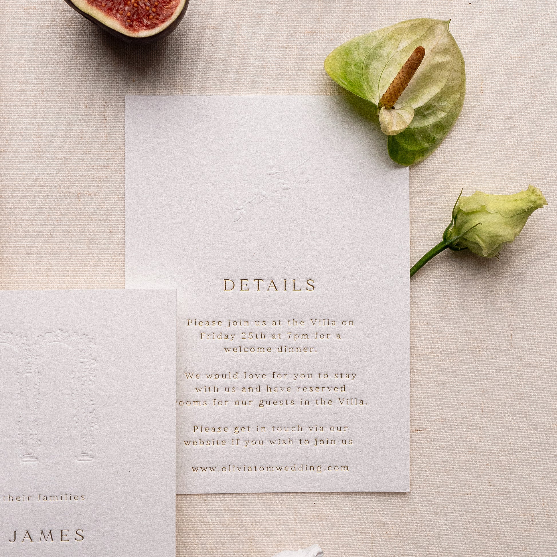 letterpress wedding venue illustration invitation with gold foil text on thick luxe ivory card