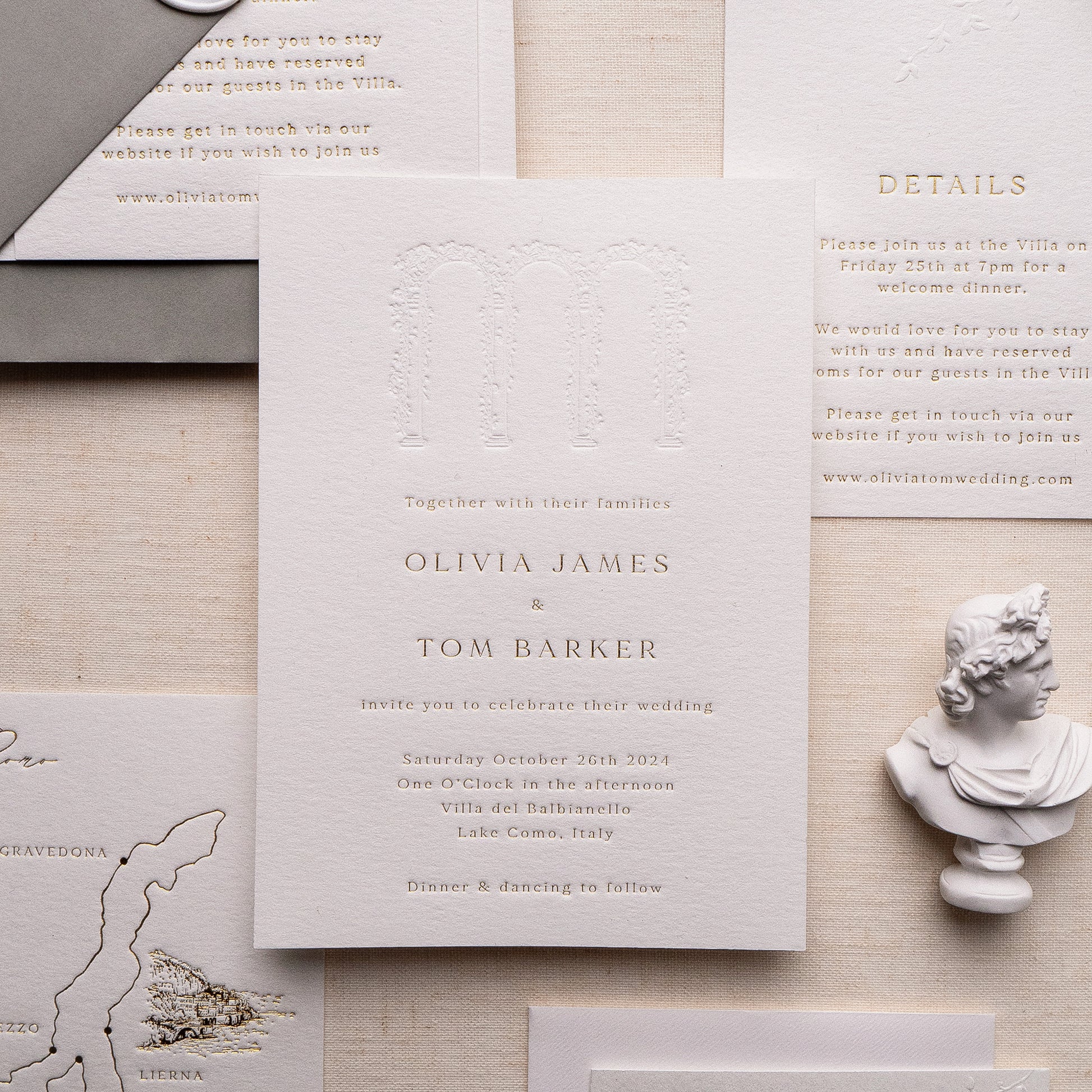 letterpress wedding venue illustration invitation with gold foil text on thick luxe ivory card