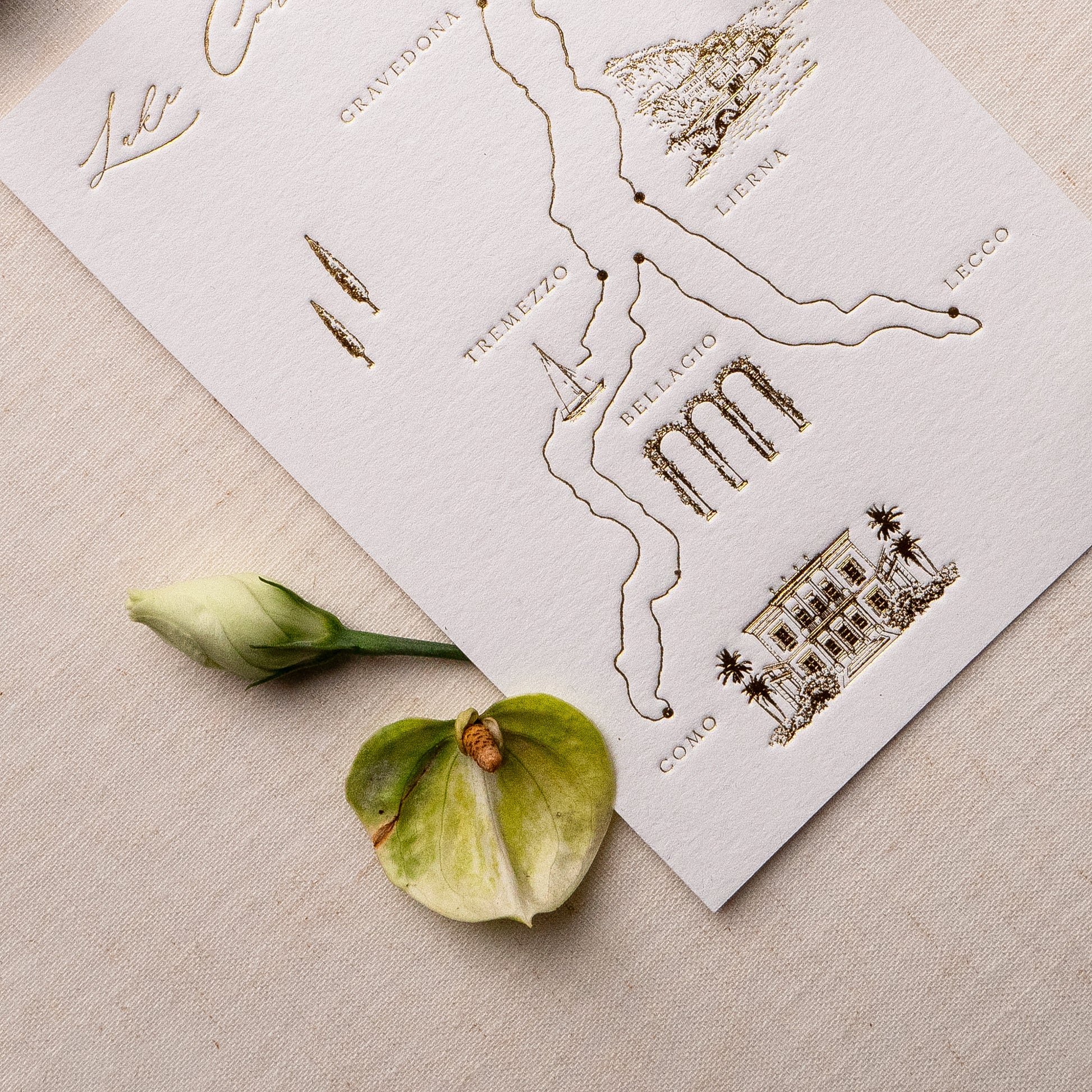 bespoke wedding map cards printed in gold foil on thick luxe ivory card