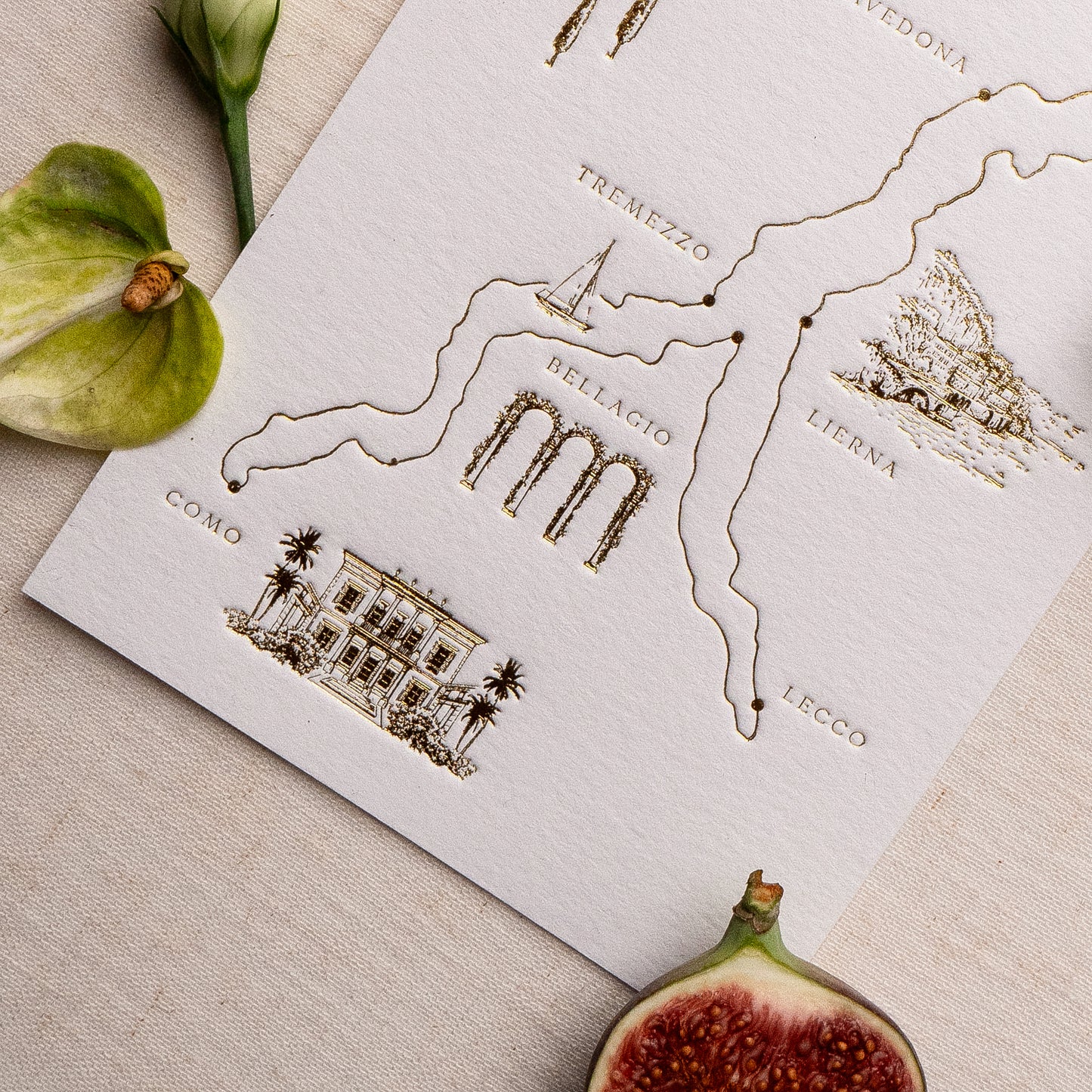 bespoke wedding map cards printed in gold foil on thick luxe ivory card