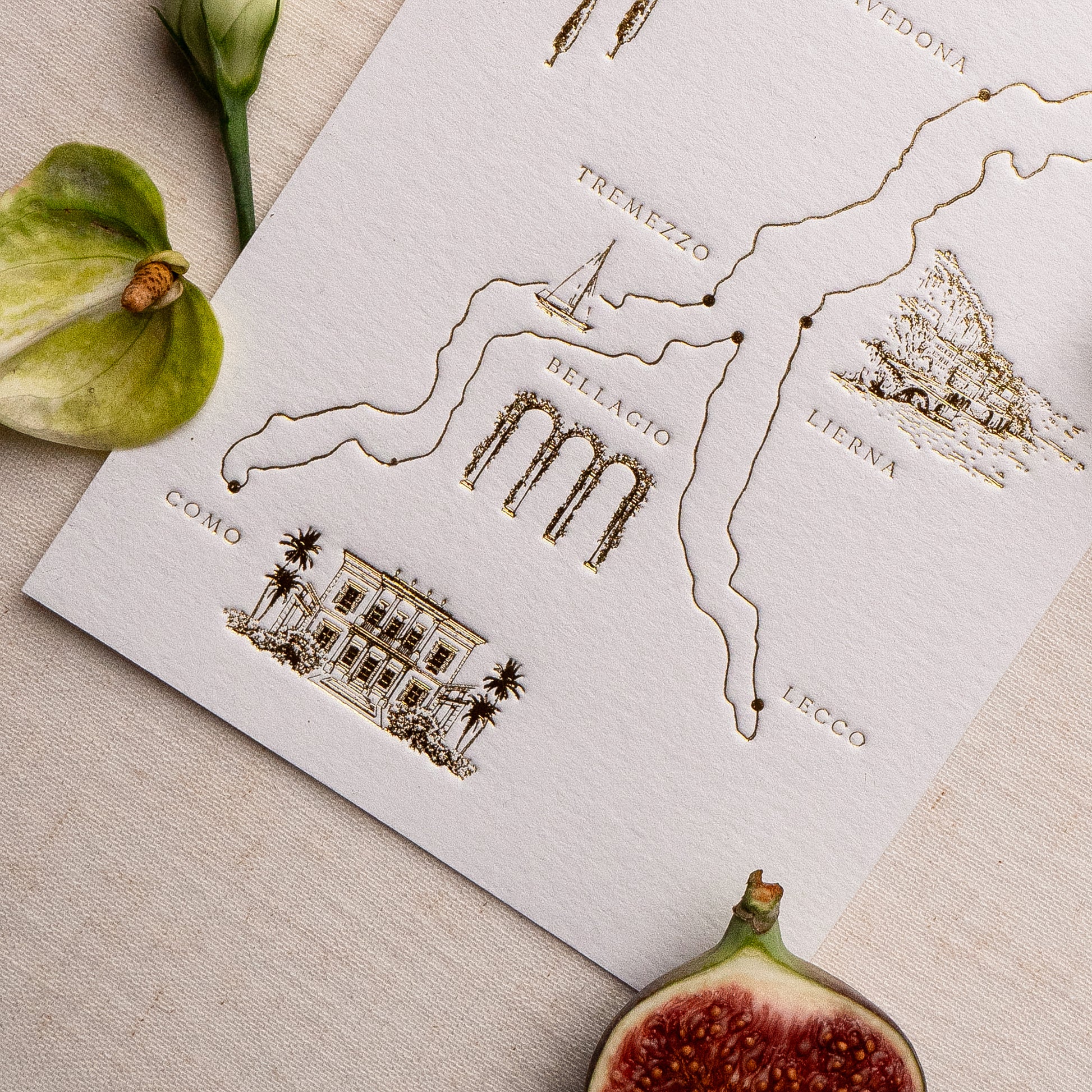 bespoke wedding map cards printed in gold foil on thick luxe ivory card